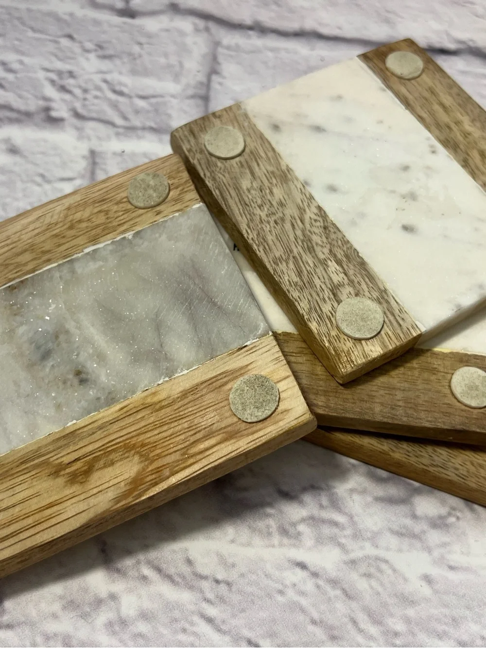 Wood and Marble Stripe Coaster Set - Natural & White